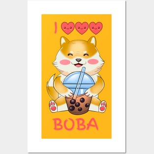 I Love Bubble Tea, Shiba Inu Drinking Bubble Tea, funny Japanese Sticker Posters and Art